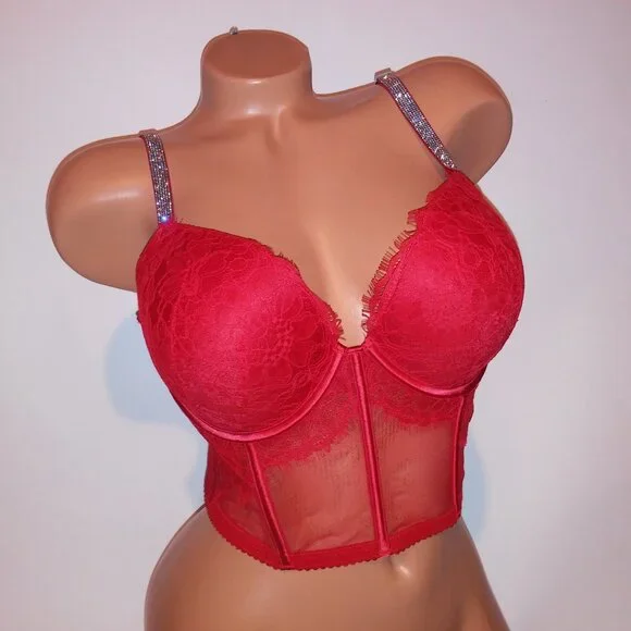 Victoria Secret Bra Push Up Red Silver Shine Strap Logo Lace Long Line Very Sexy Bras